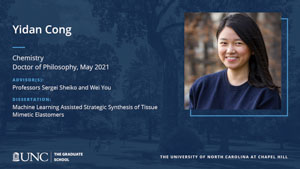 Yidan Cong, Chemistry, Doctor of Philosophy, May 2021, Advisors: Professors Sergei Sheiko and Wei You, Dissertation: Machine Learning Assisted Strategic Synthesis of Tissue Mimetic Elastomers