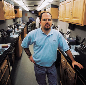 Jory Weintraub inside the bus laboratory