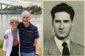 Two photos of Roy Smith, one shown present day standing by his wife in front of a river scene, the other shows Roy Smith in 1952 as a junior at UNC-Chapel Hilll